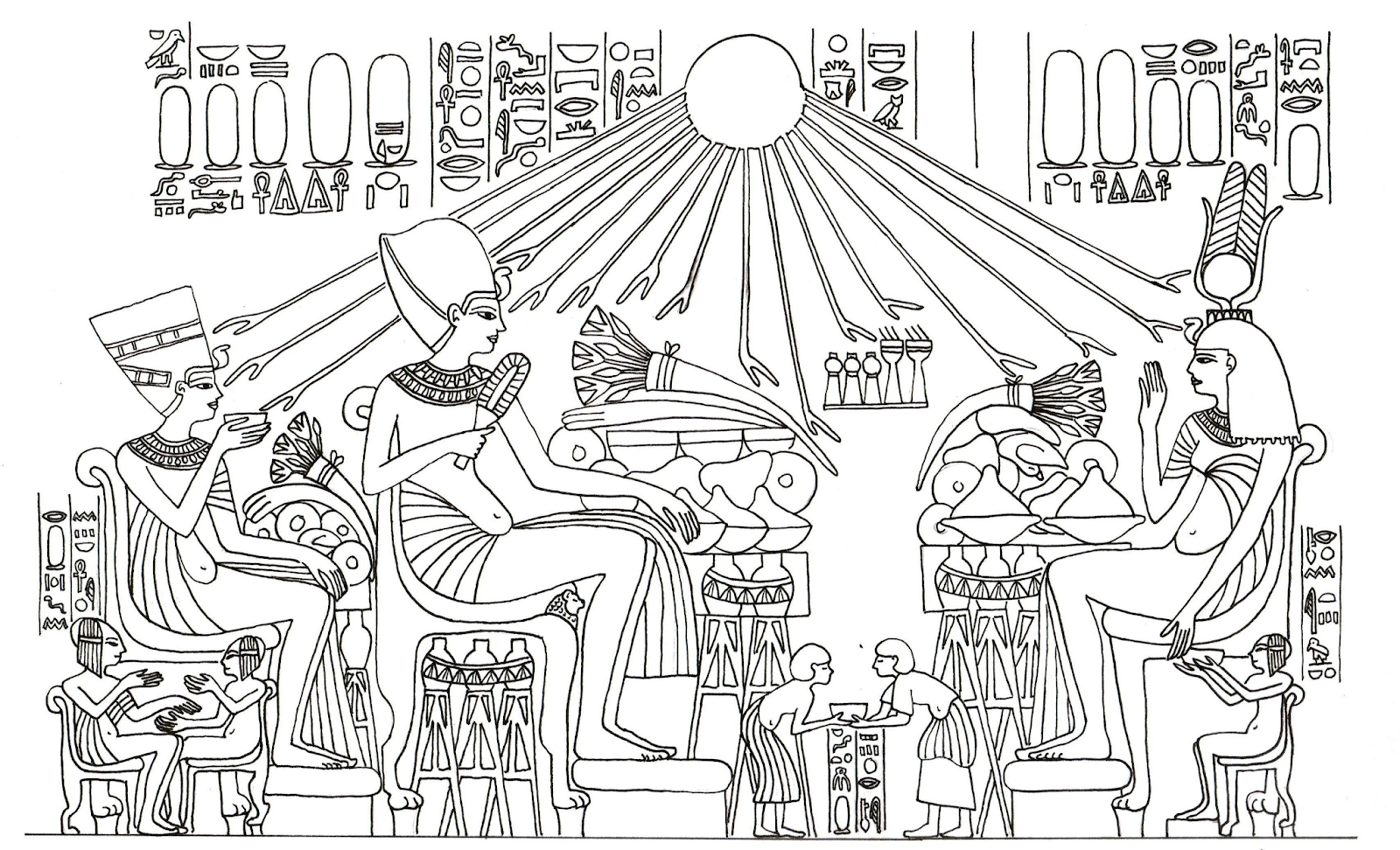 Рисунок с фрески в гробнице Эхнатона, с трапезой фараона и его семьи