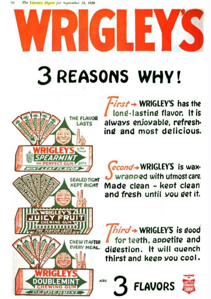 Реклама трех вкусов жевательной резинки Wrigley's (1920)