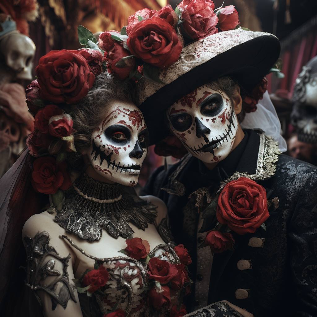 Молодая пара в традиционных карнавальных костюмах с нарисованными на лицах черепами в честь празднования Дня мертвых в Мексике