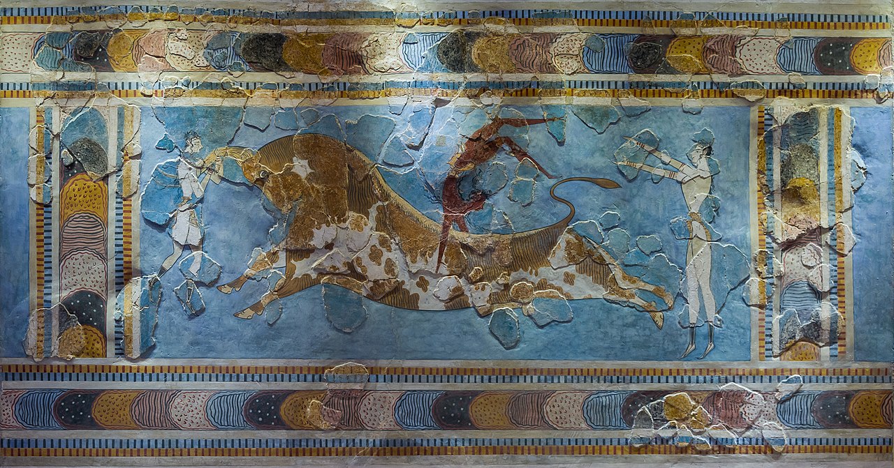 Фреска «Прыгающий бык». Найдена в Кносском дворце, Крит, Греция. Датируется примерно 1600—1450 годами до нашей эры