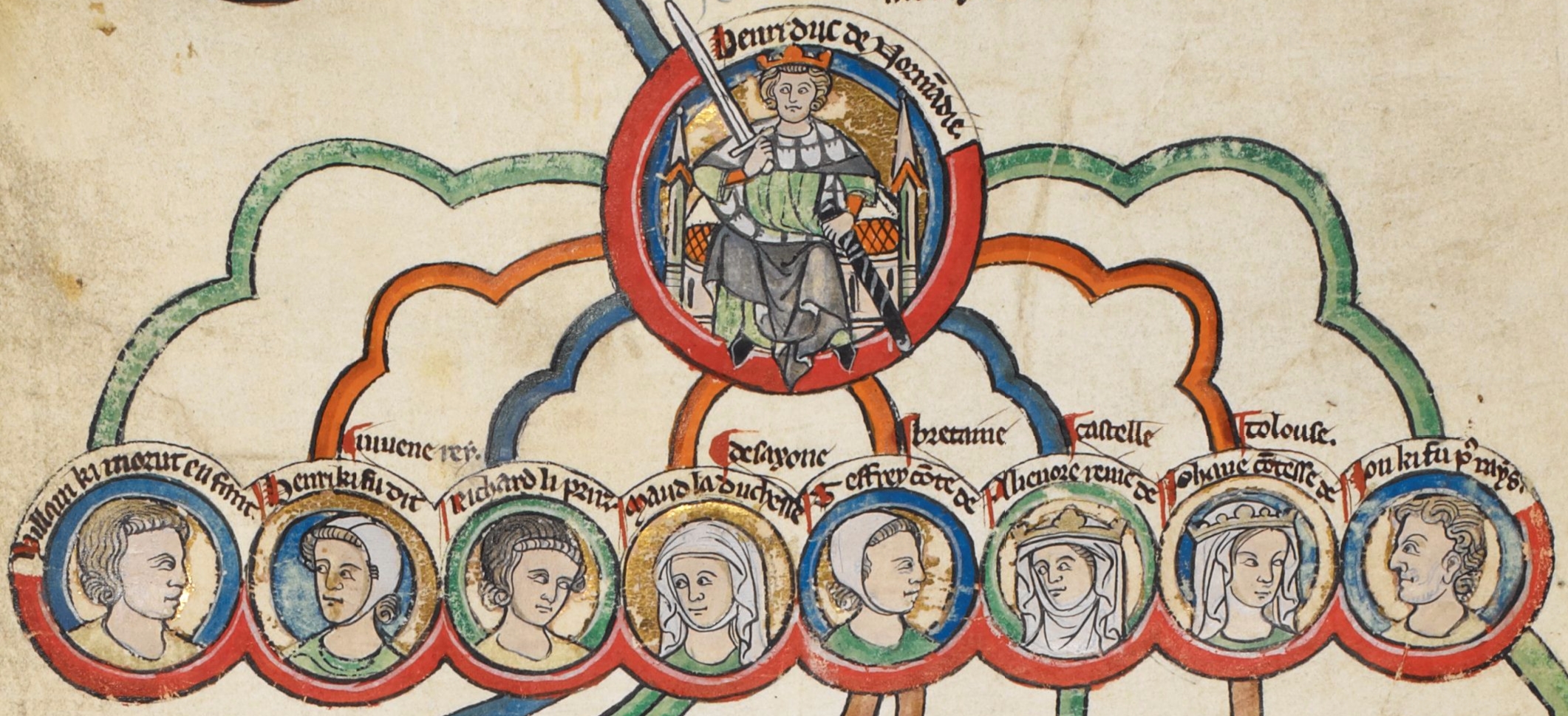 Король Англии Генрих II и его дети. Слева направо: Вильгельм, Генрих, молодой король, Ричард Львиное Сердце, Матильда, Джеффри, Элеонора, Джоан, Джон Лакленд 